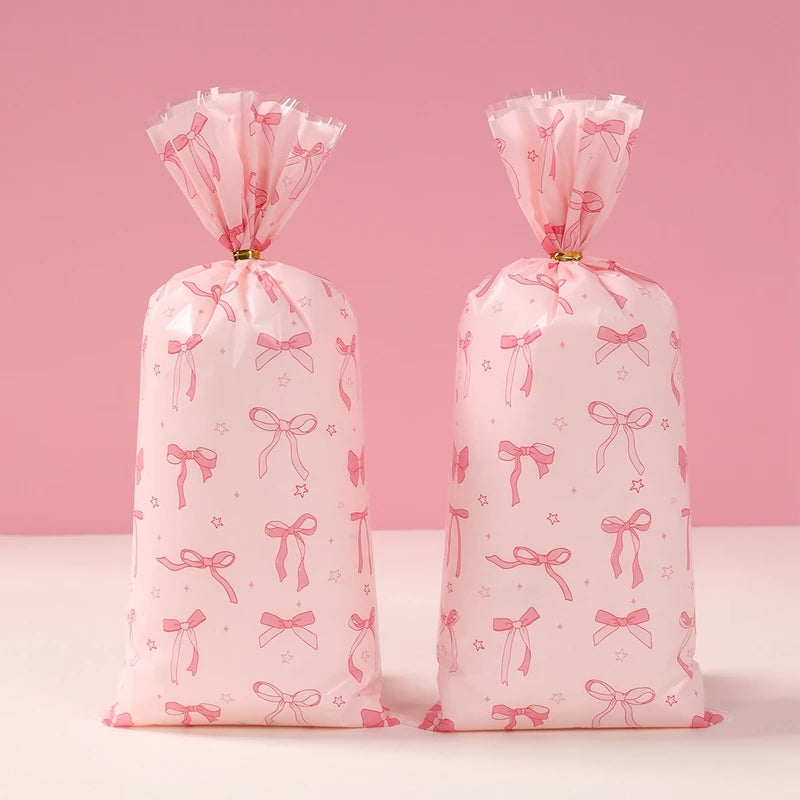 Full-Covered Pink Bow Print Plastic Gift Bag Children's Birthday Party Supplies Candy for Boys Girls Party Favors Decoration