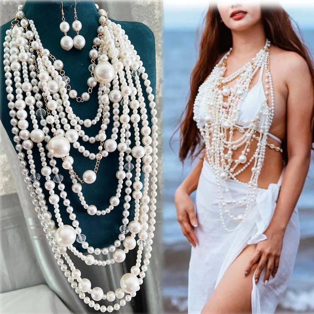 European Exaggerated Fashion Multi-layer Long Body Chain Pearl Necklace Handmade Wedding