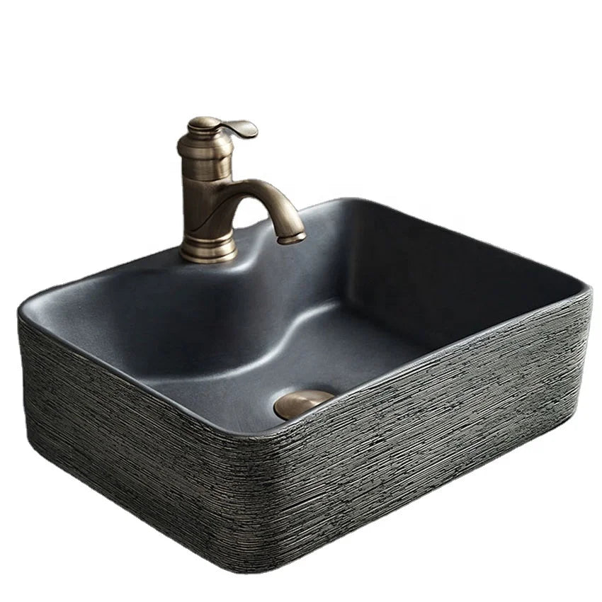 Jingdezhen Top Mount Rectangular Ceramic Porcelain Black Bathroom Sink Face Washing Basin 12L Capacity Eco-Friendly for Home