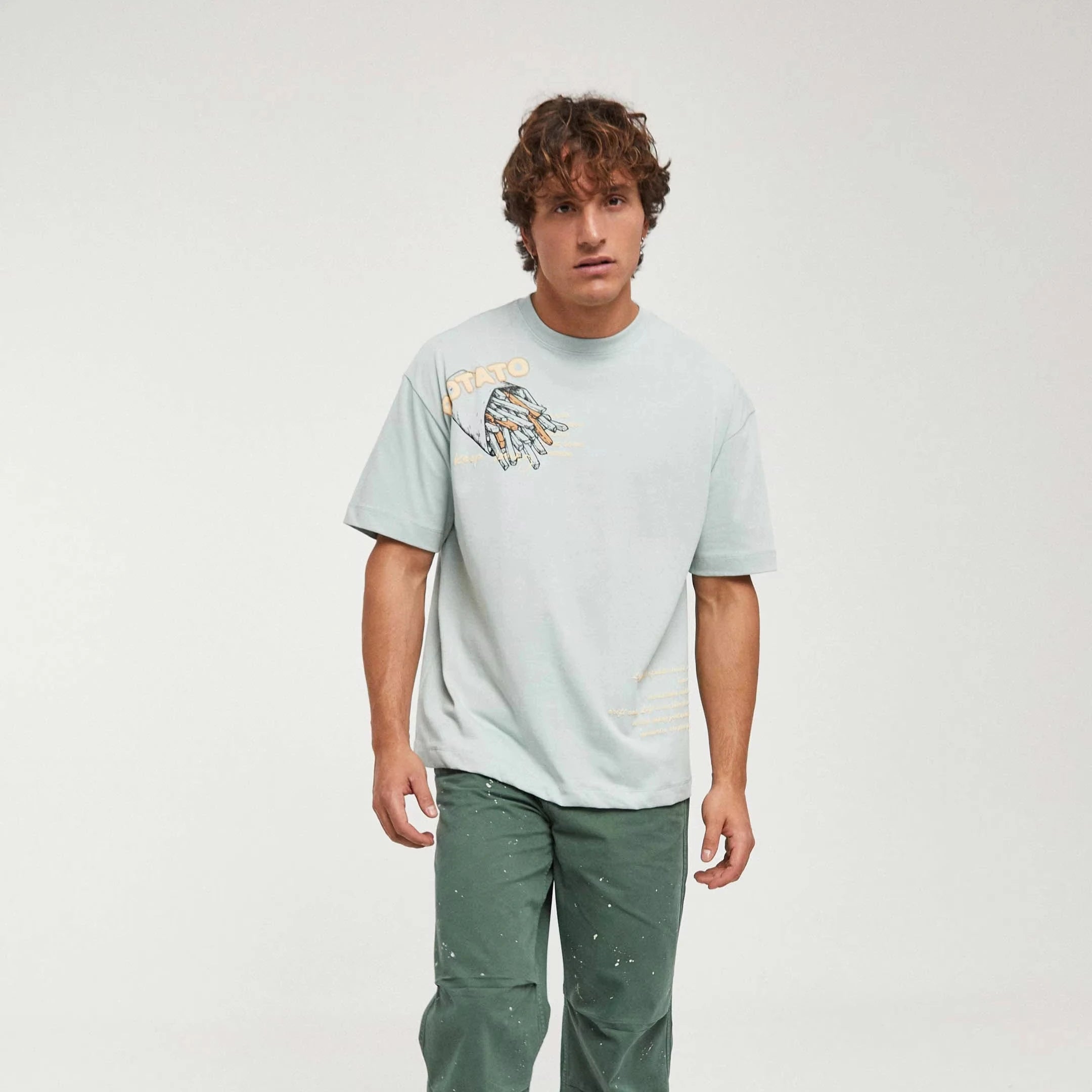 Men's Green Cotton Regular Fit Casual Breathable Short Sleeve O-Neck T-Shirt with Potato Design