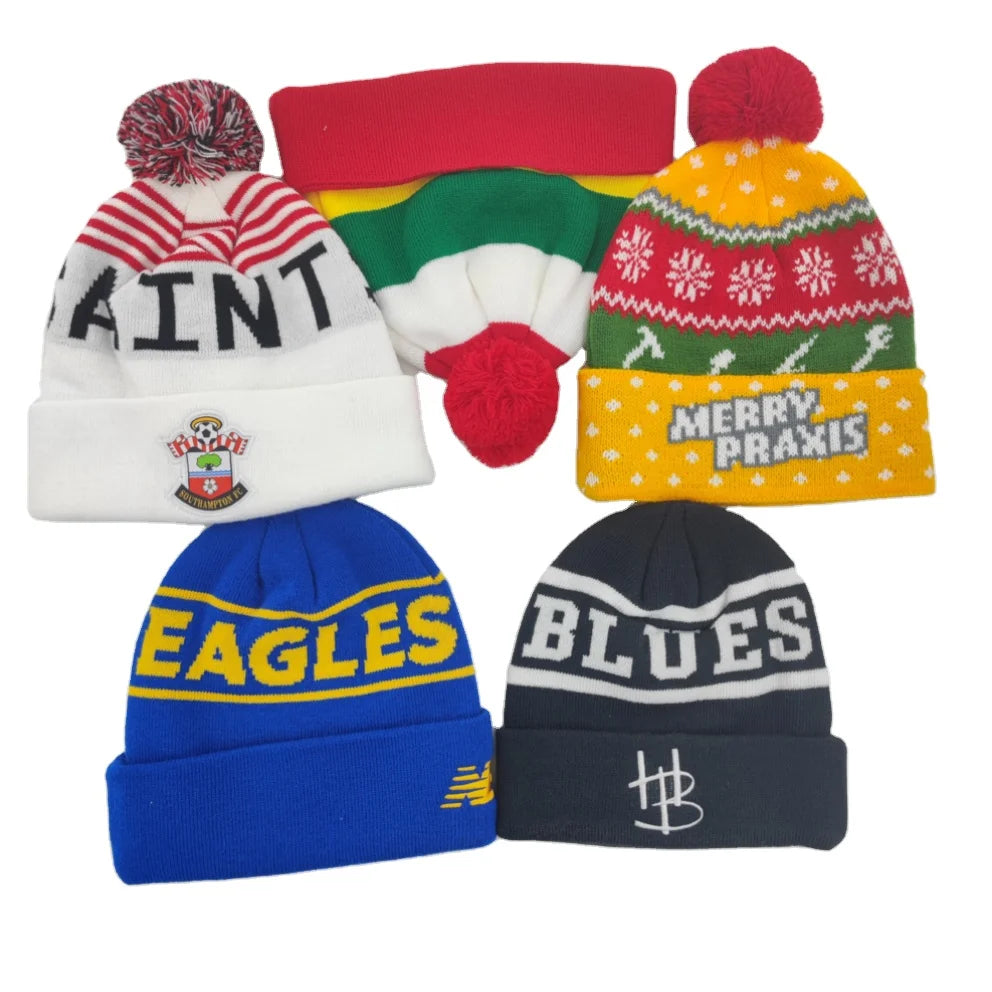 Unisex Custom Team Club Beanie Big Letter Jacquard Cuff Pom Pom Acrylic Knitted Eco-friendly Dye Character Winter Daily Use