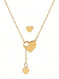 QIAOREN 11807 Minimalist Dainty Layered Double Heart Pendant Necklace 18K Gold Stainless Steel Sleek O Chain Everyday Wear
