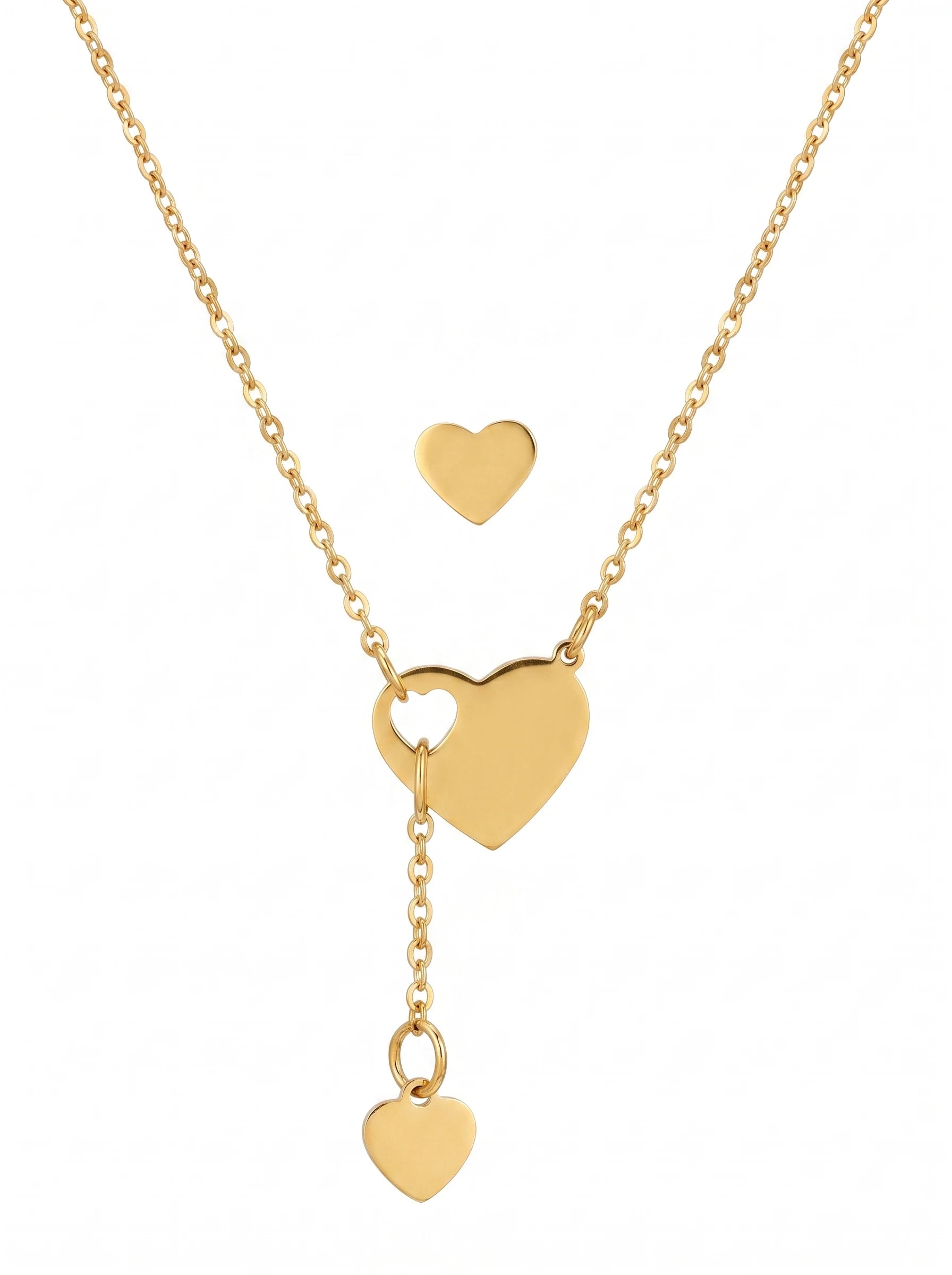 QIAOREN 11807 Minimalist Dainty Layered Double Heart Pendant Necklace 18K Gold Stainless Steel Sleek O Chain Everyday Wear
