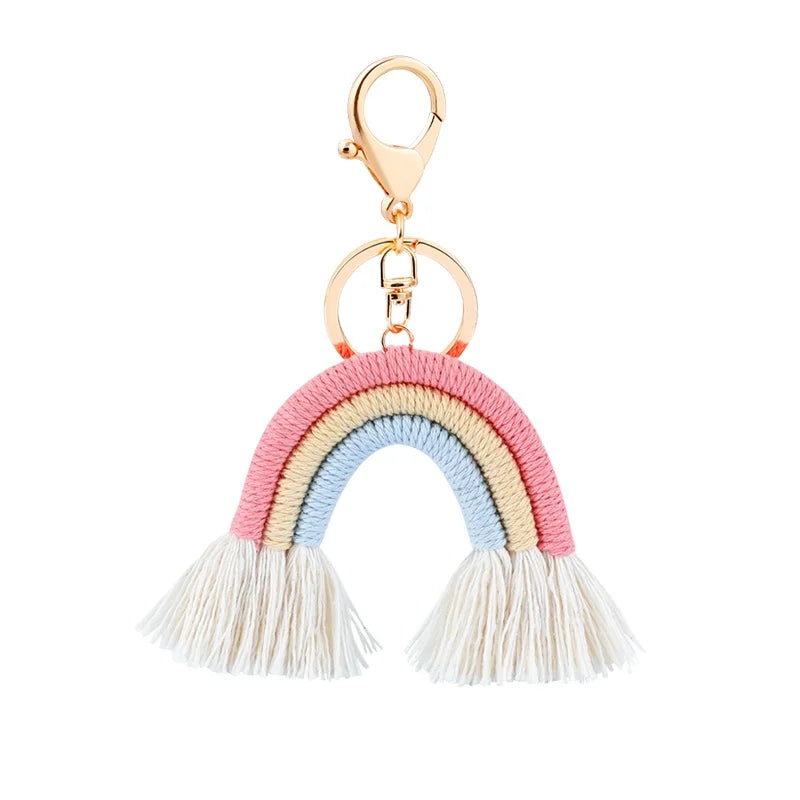 Fashion Gold Plated Metal Rainbow Shaped Keychain Bohemian Rainbow Silk Thread Tassel Key Chain