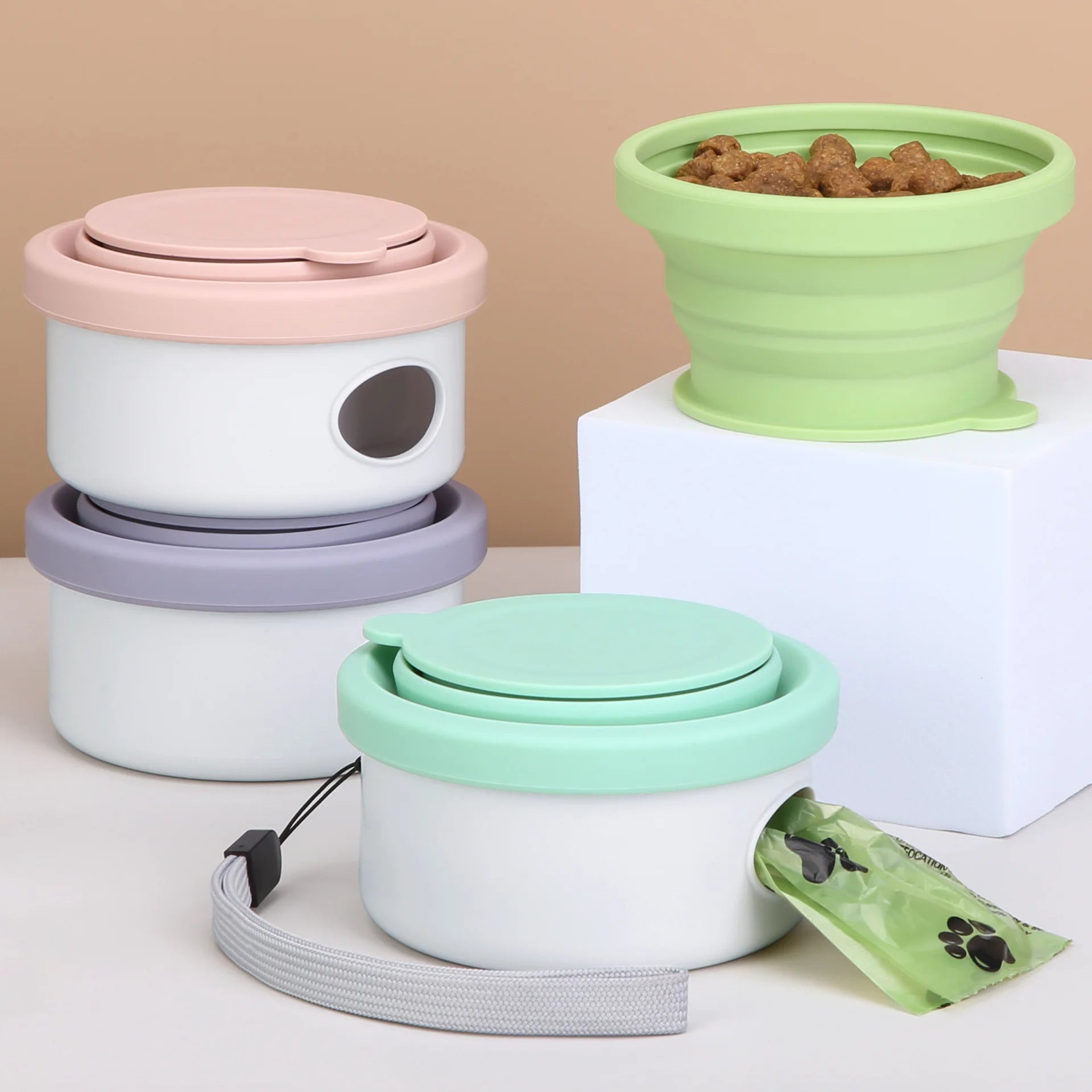 3 in 1 Eco-Friendly Portable Multifunctional Pet Silicone Bowl with Poop Bag Custom Logo Collapsible Love Dog Bowl