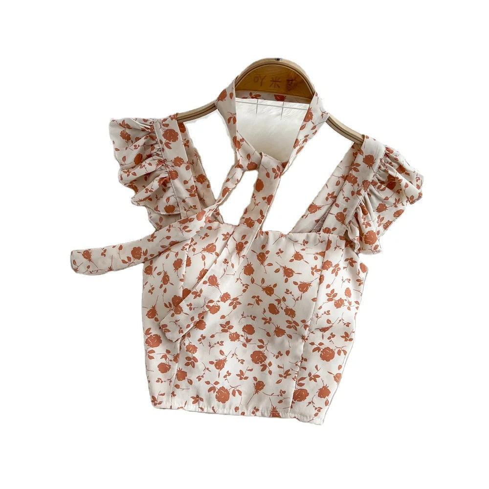 _ Summer New Korean Version of the Retro Floral Camisole Women's Outerwear Chic Sleeveless Lace-up Short Top Lace-up Vest