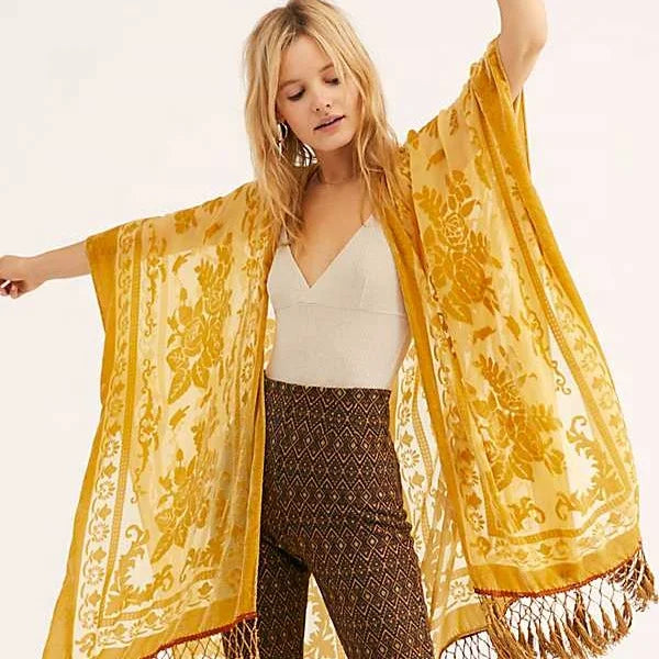 Boho Kimono Black Long Crush Velvet Kimono for Women Burnout Cardigan Cover up With Tassel