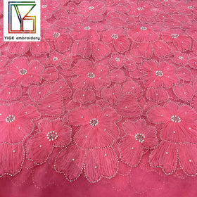 Dresses Women Elegant Coiling Embroidery Watermelon Red 3d Flower Pearls Beaded Applique French Bridal Lace Fabric