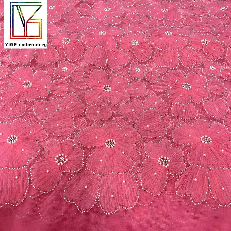 Dresses Women Elegant Coiling Embroidery Watermelon Red 3d Flower Pearls Beaded Applique French Bridal Lace Fabric