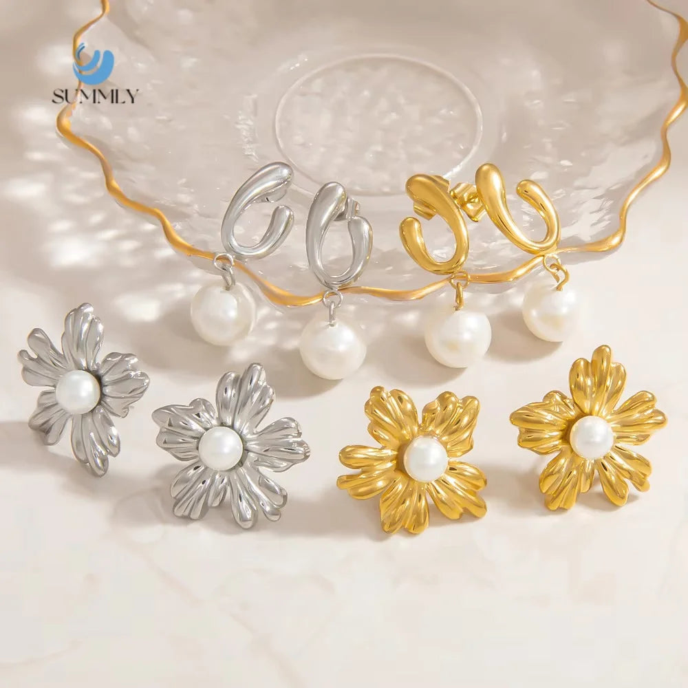SUMMLY Vintage Wholesale Personalized Trend Flower Charm 18K Gold Plated Stainless Steel Earrings Fashion Jewelry