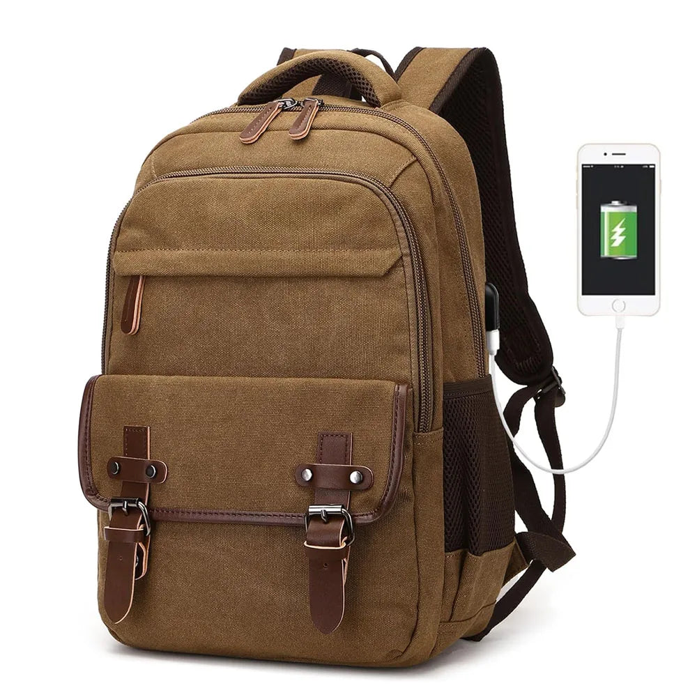 Best Vintage Tan Brown 25L Small Waterproof Canvas Away Daypack Backpack for Men Travel With Usb Charging Port