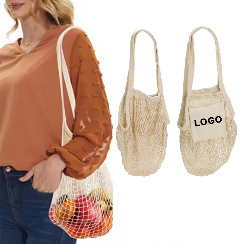 Custom Logo Portable Reusable Grocery Bags Fruit Vegetable Bag Washable Cotton Mesh String Organic Cotton Net Shopping Handbag