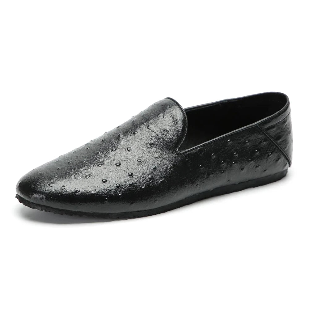 European Men Genuine Leather Foldable Wallet Shoes Ostrich Pattern Slip on Loafers Soft Sole Comfortable Round Toe Casual Shoes