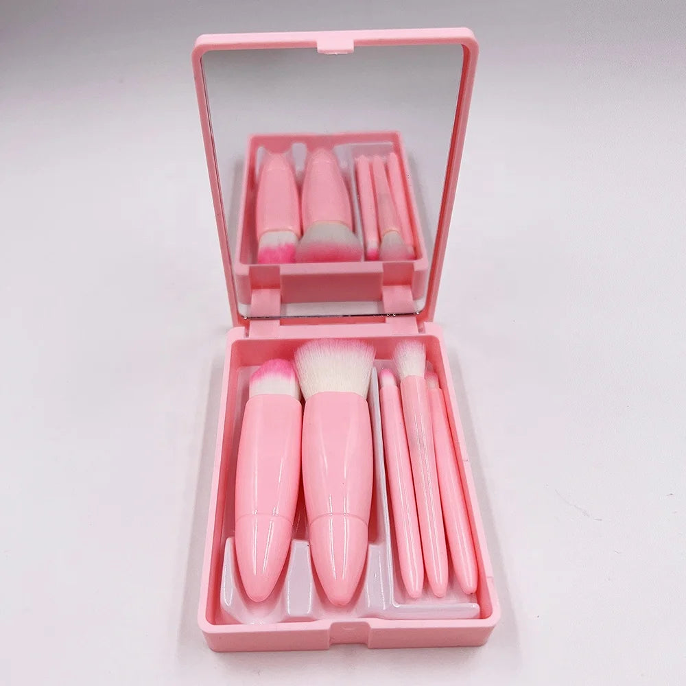 Custom Logo OEM Pink Cosmetic Brush Set Travel Size Face & Concealer Use with Mirror Low MOQ