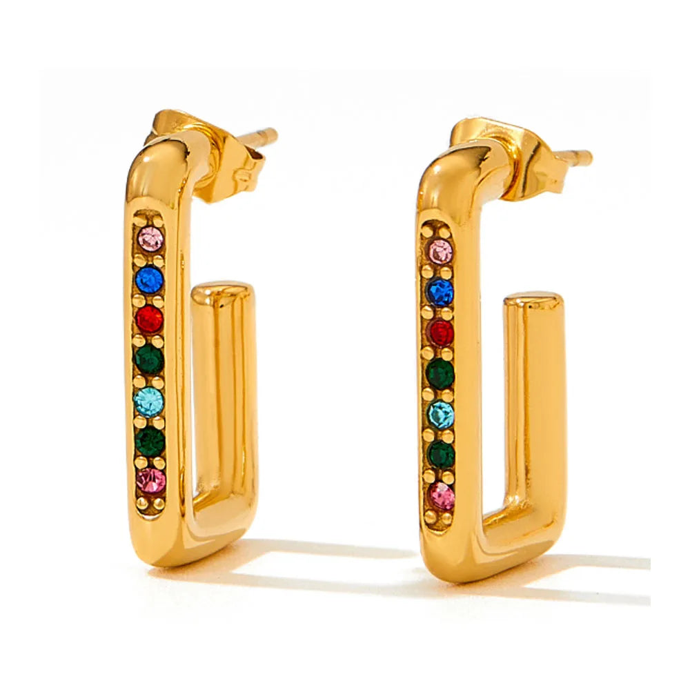 Wholesale Stainless Steel Gold Plated 14k Rectangle Open Dangle Earring Zircon Beads Women China Manufacturer Factory Supplier