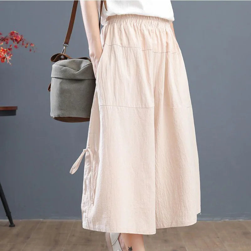 L-5XL Women's Pants Summer Loose Bloomers Wide Leg Pants Elastic Waist Women's Culottes Capris