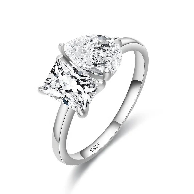 JZ1381 Luxury White Gold Plated 925 Sterling Silver Cocktail Ring Jewelry CZ Diamond Wedding Engagement Double Stone Rings