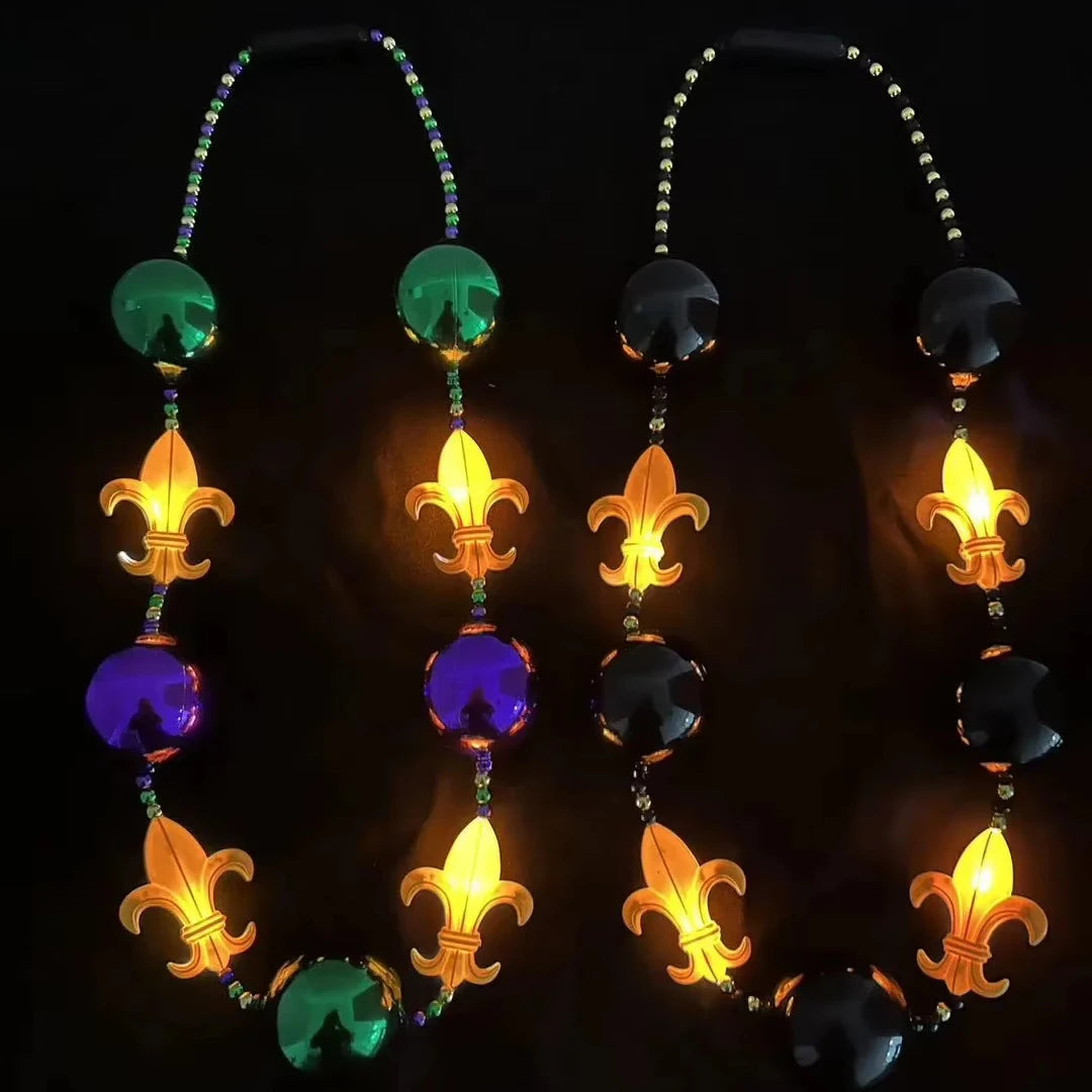 Mardi Gras Flashing 4 LEDs Light Iris Jumbo Beads Necklace for Women Unisex Celebrate Thanksgiving Party Supplies ISHINE