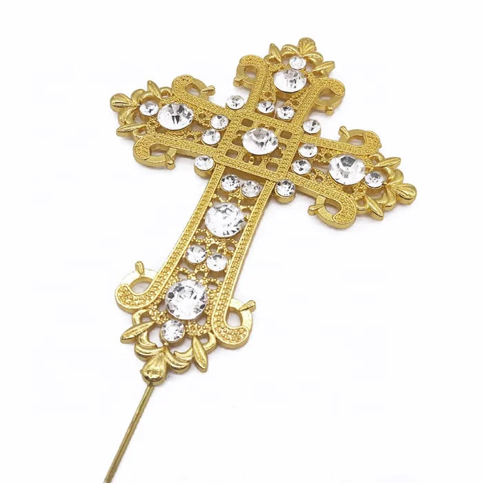 Religious Wedding Baptism Christening Decorative Gold 9.5*11.8cm Crystal Rhinestone Cross Cake Topper
