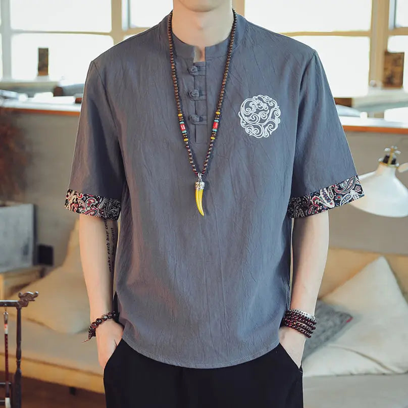 Short-sleeved T-shirt Men's Summer Half-sleeved Chinese Style T-shirt Tang Suit Retro Fat Cotton Men's Clothing