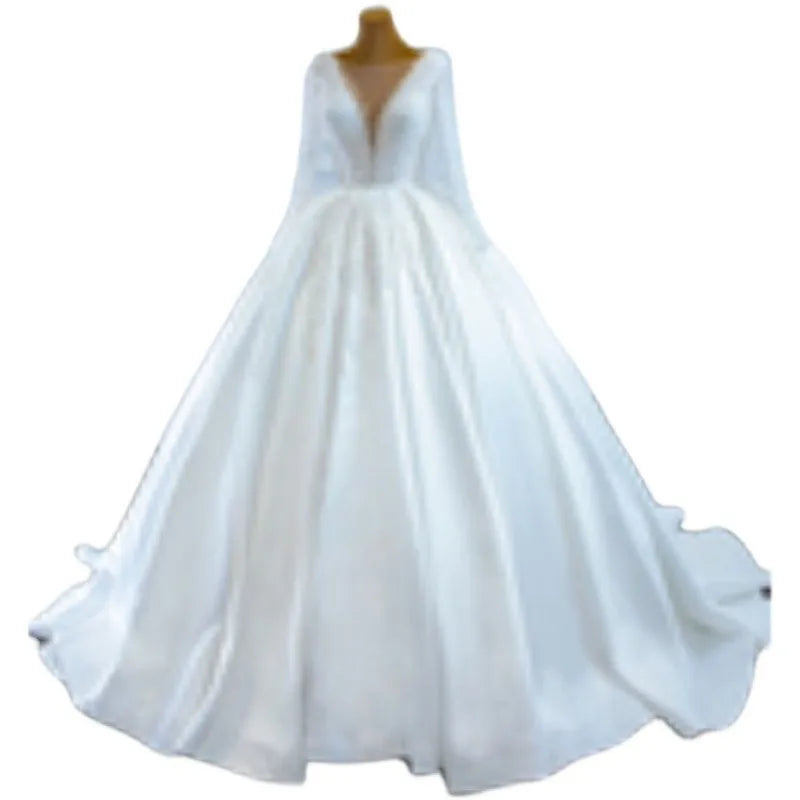 AL1290 2025 Luxury Satin Handmade African Wedding Dress Large Size Pure White Bouffant Dress Big Train Pearl Crystal Accents