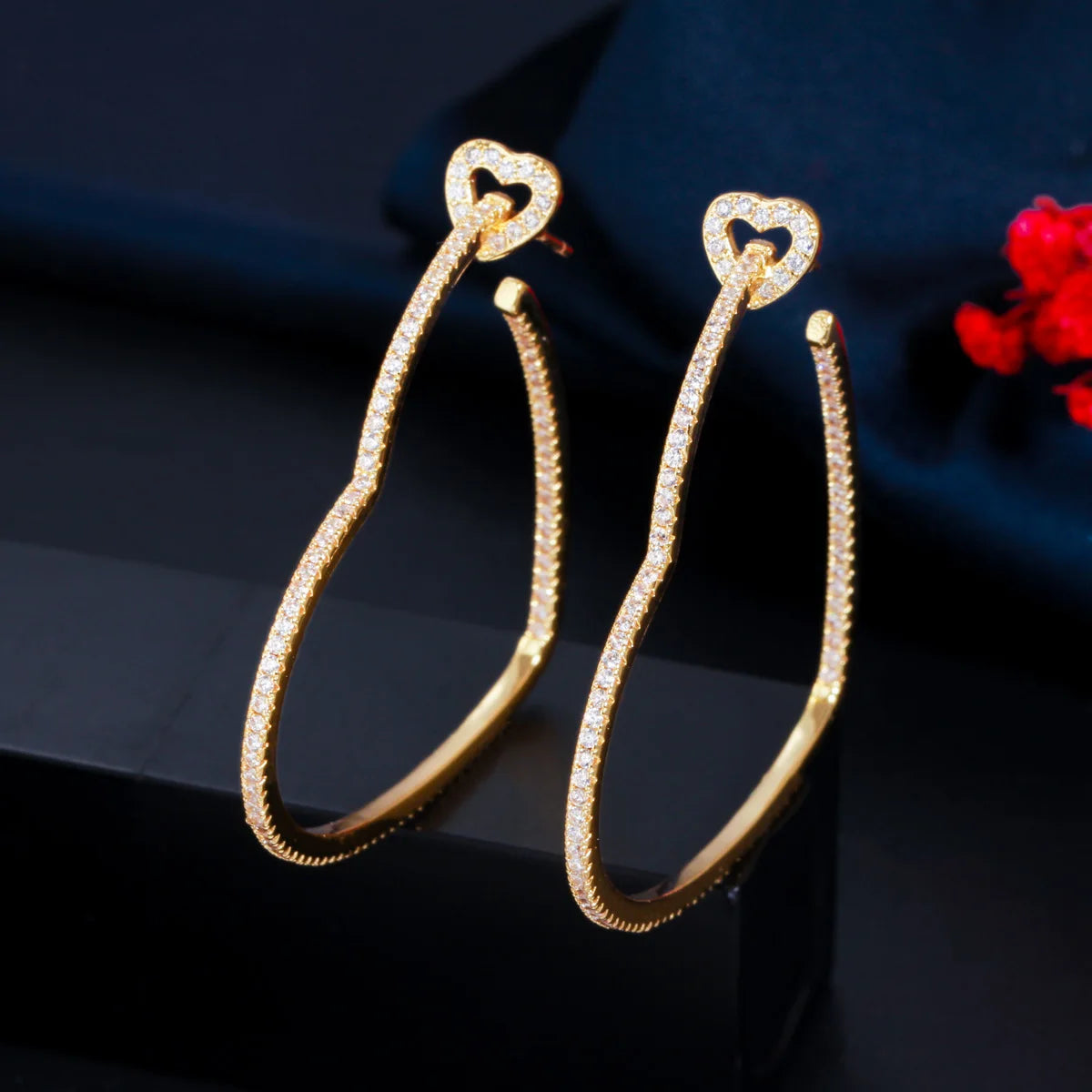 2021 New Trendy White Cubic Zirconia Yellow Gold Plated Love Heart Shape Big Hoop Earrings for Women Jewelry Gift