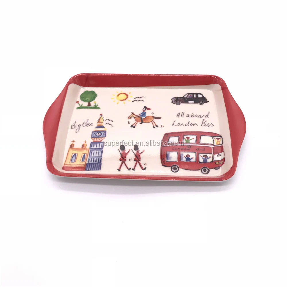 Custom Pattern Eco-Friendly Food Grade A5 Melamine Plastic Small Chocolate Cake Snack Candy Nursery Trays Dish Dishwasher Safe