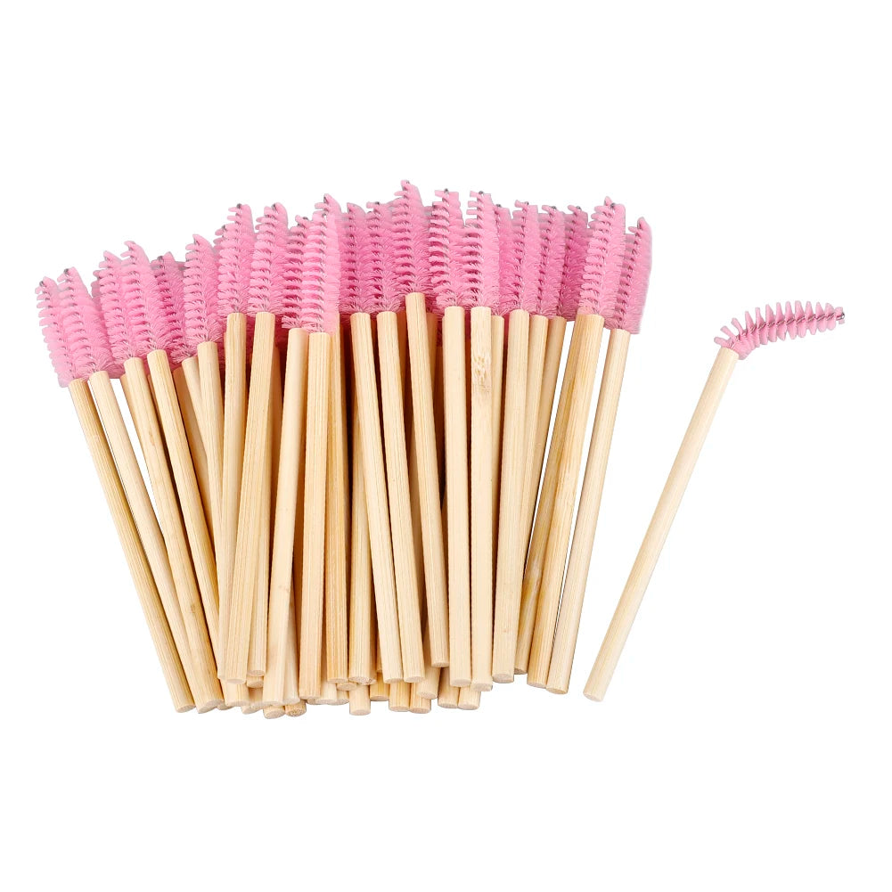 Bamboo Handle Eyelash Brush for Eyelash Extension Cosmetic Tool Pink Eye Lashes Brush Disposable Mascara Brushes Wand