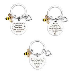Teacher's Day Gift Stainless Steel Teacher Key Ring Teach Pendant Bee Heart Keychain Appreciation Gifts for Bee Teacher Keychain