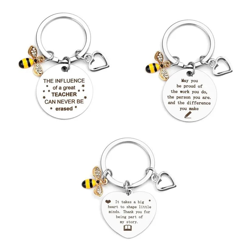 Teacher's Day Gift Stainless Steel Teacher Key Ring Teach Pendant Bee Heart Keychain Appreciation Gifts for Bee Teacher Keychain