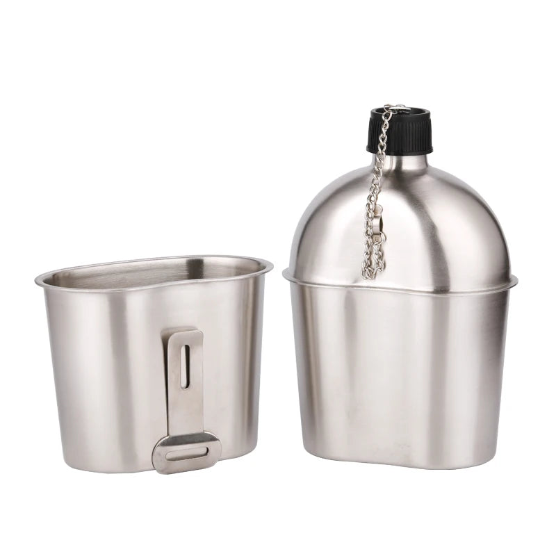 Outdoor Camping Stainless Steel Food Heater Cup Dark Silver Nylon Cover 1000ml+600ml Capacity Simple Style for Camping Cookware