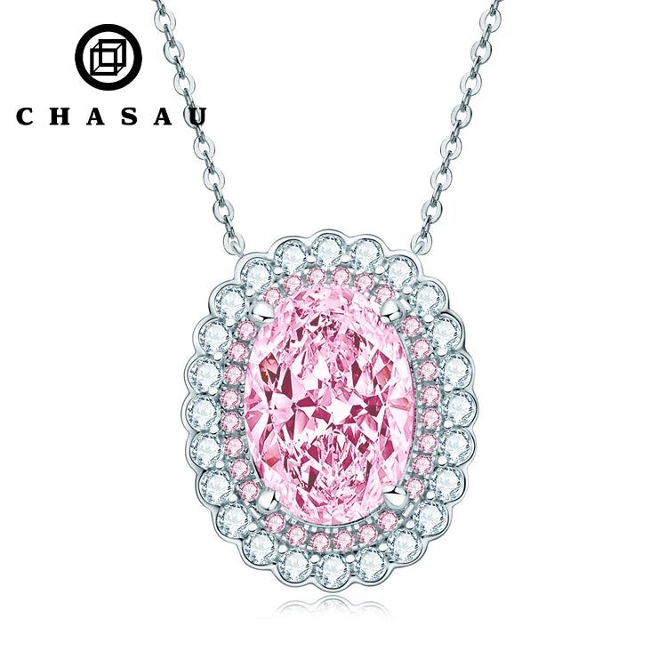 Cubic Zircon Jelwry 925 Sterling Silver Double Halo Shiny Oval Cut Created Pink Gemstone Pendant Necklace for Women
