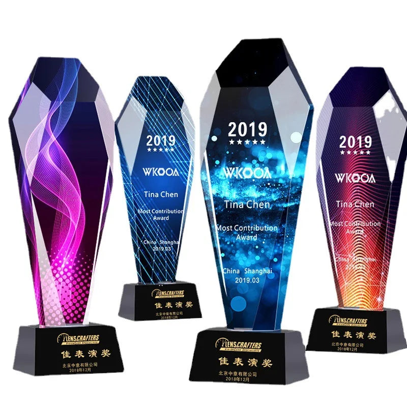 Wholesale Hot Selling Blank Long Crystal Trophy Custom K9 Crystal Awards Laser Engraved 3D Logo HONOR Brand Gift Packaging