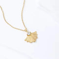 Unique Zircon Scalloped Shell Shaped Gold Plated Stainless Steel Bijoux En Acier Ginkgo Leaf Pendant Necklace