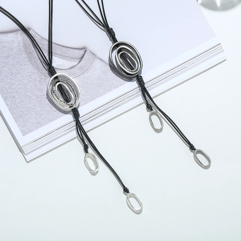 Irregular Round Inlay Rhinestone Pendant Long Sweater Chain Leather Necklace for Women Boho Jewelry