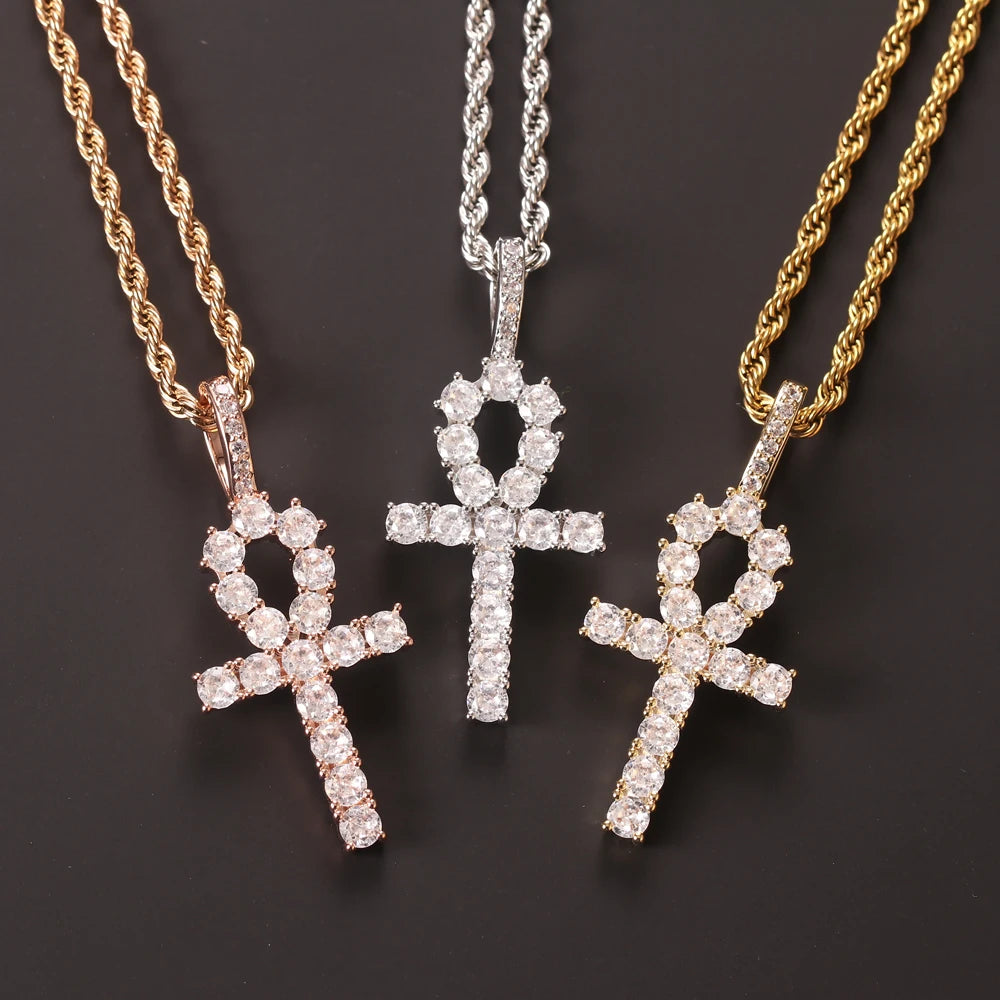 Hip Hop Men's Micro Inlaid Zircon Cross Symbol of Life Pendant Trendy Necklace Egyptian Anhe Key Necklace
