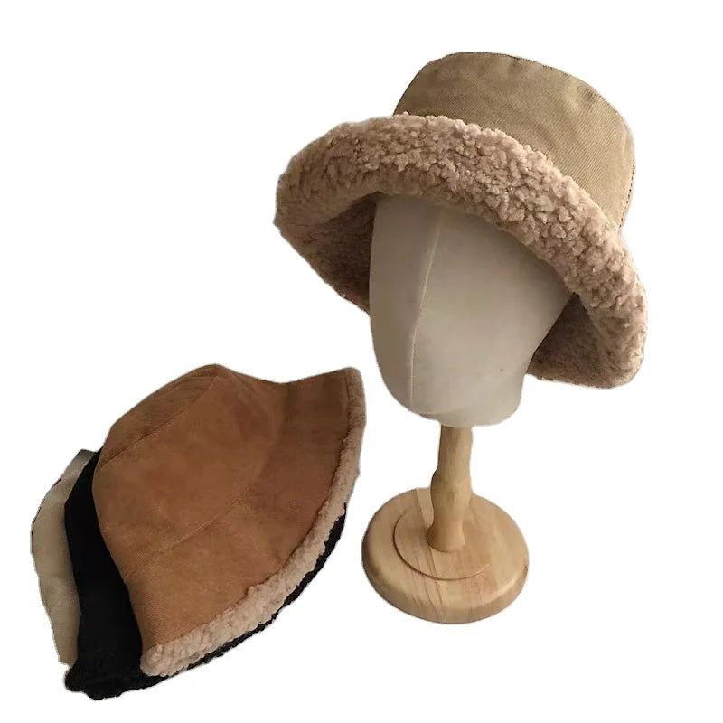 Women Soft Plush Bucket Hat Winter Thickened  Faux Fur Wide Brim Warm Beanies Fluffy Fisherman Cap