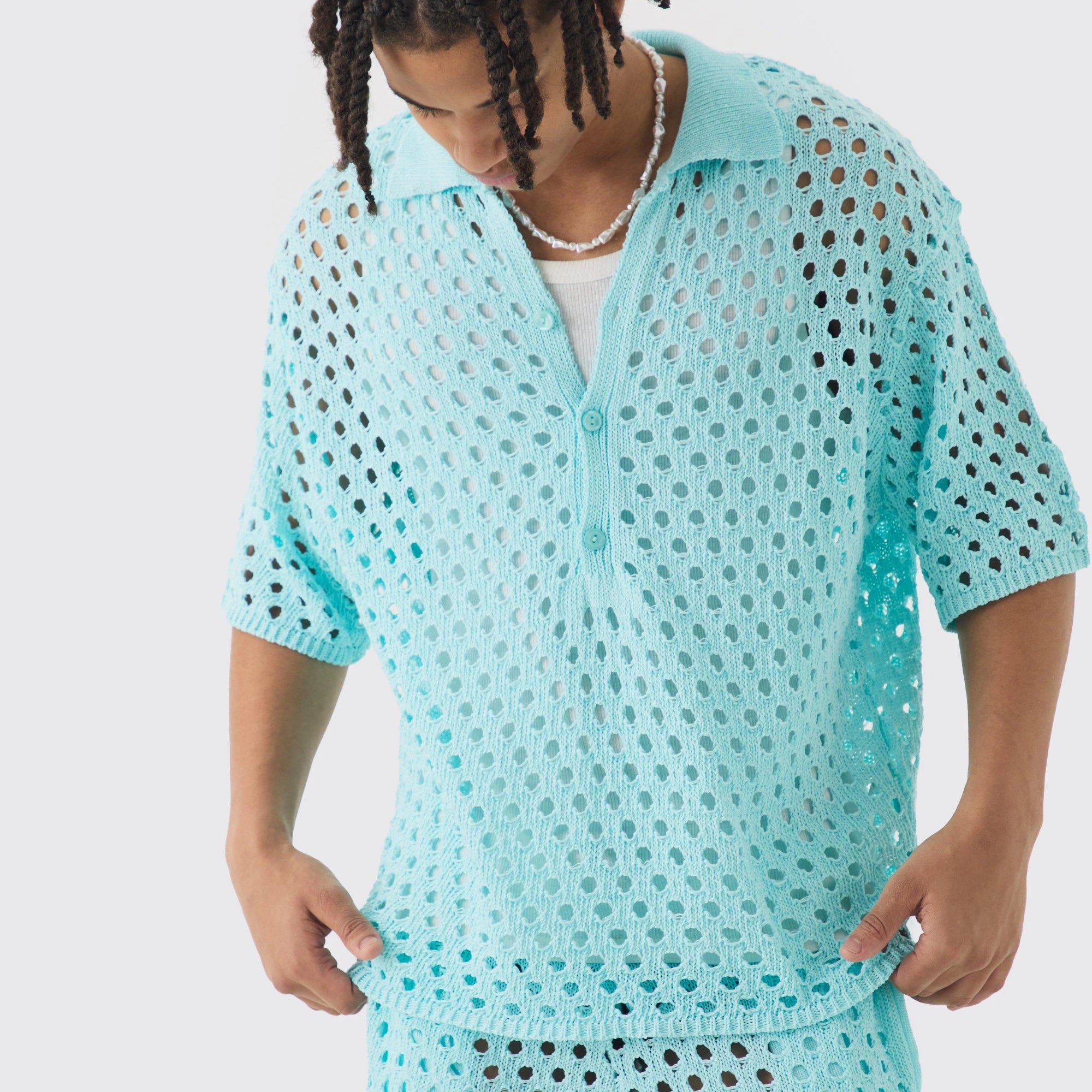 Custom Design logo Cotton Beach Summer Knitted Top Mesh Hollow Out Short Sleeve Crochet T-shirt Men's Polo Shirts