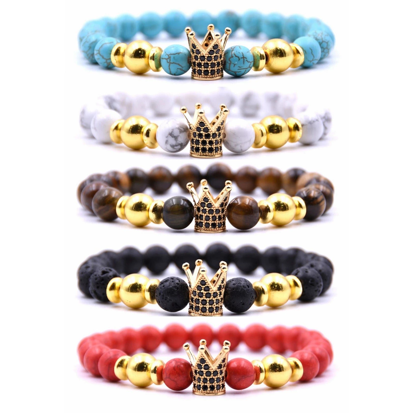 Imperial Crown Bead Bracelet King&Queen Luxury Charm Couple Jewelry Gift for Women Men Gemstone Crystal Quartz Tiger Eye