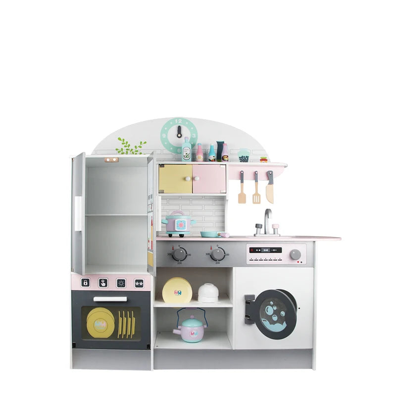 Wooden Pretend Play Kitchen with Utensil Toys for Kids Boys Girls Children's Cooking Role Play Set