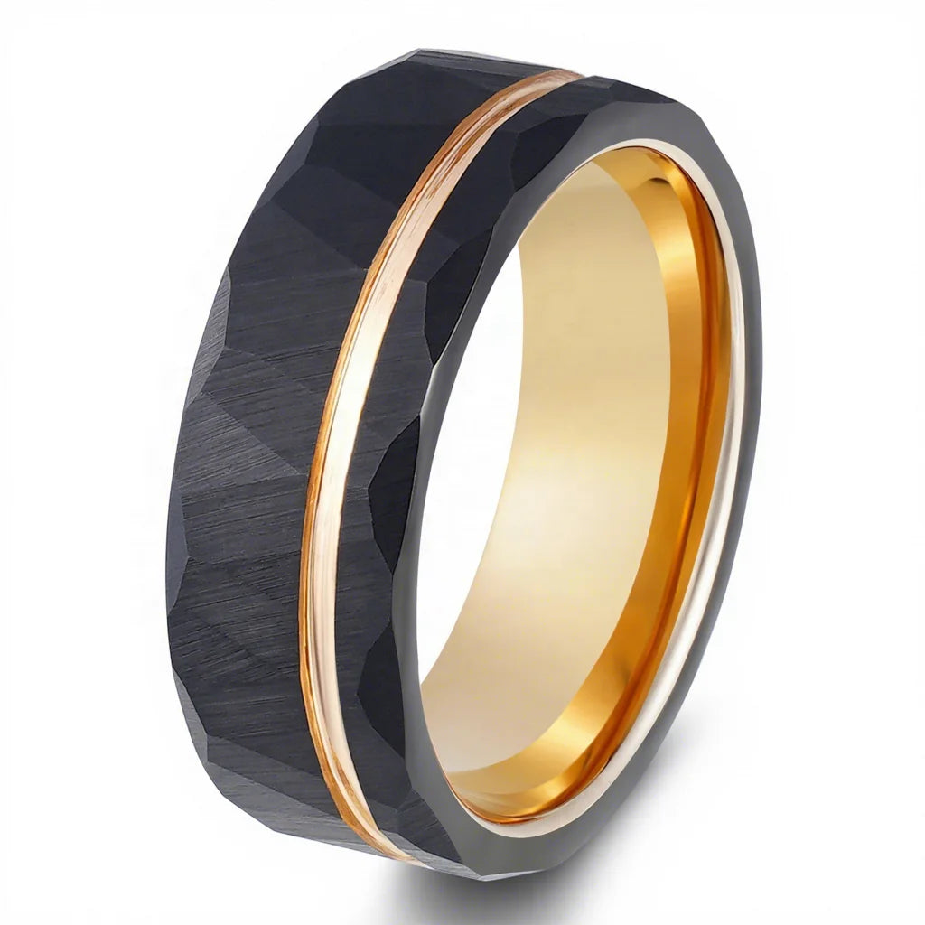 POYA 8mm Unisex Rose Gold Plated Hammered Tungsten Ring Black Wedding Band for Men and Women Jewelry