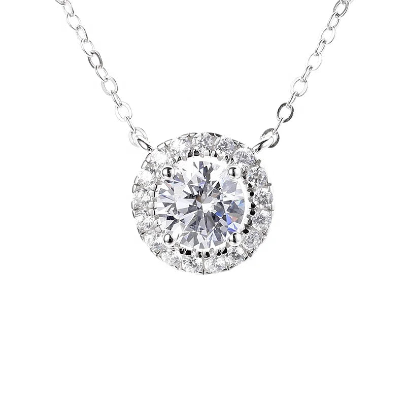 Direct Selling 925 Sterling Silver VVS Moissanite Pendant Necklace Adorned Halo Link Chain Rhodium Plated Women
