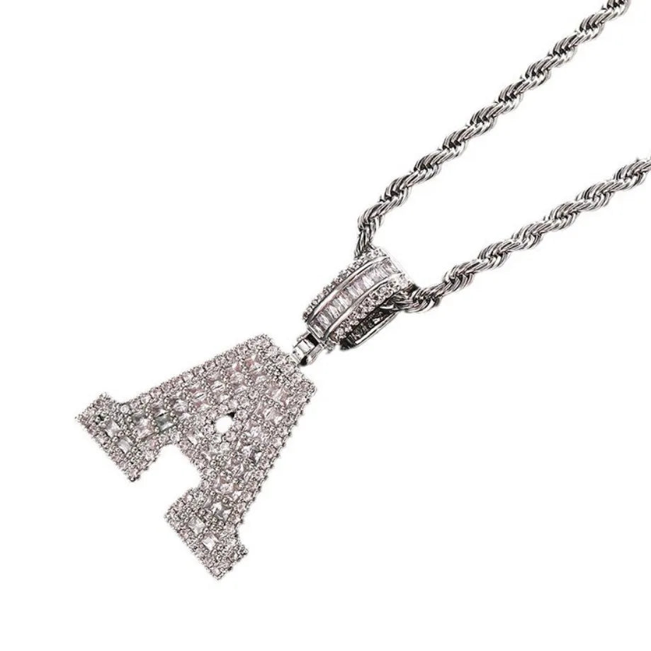 Hot Selling Customized Initial Name Letter Brass CZ Baguette Pendant Necklace Pearl Jewelry for Women and Men for Parties