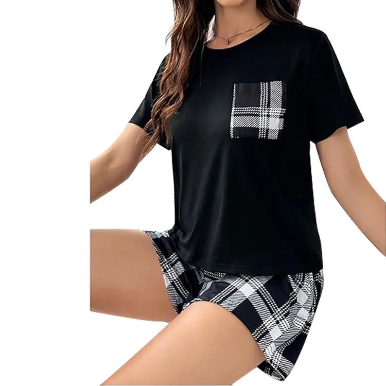 Women's Summer Short-Sleeved Pajama Set Elastic Waist Closure Breathable Soft Knitted Smooth Sleepwear for Casual Homewear
