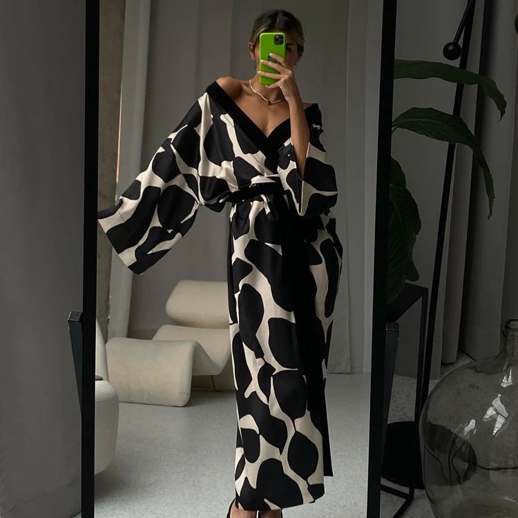 Printed Fashion Long Dresses Tendance Ladies Chic Satin Longue Sexs Robes Women De Nuit Robe Dame Elegant Pour Femme