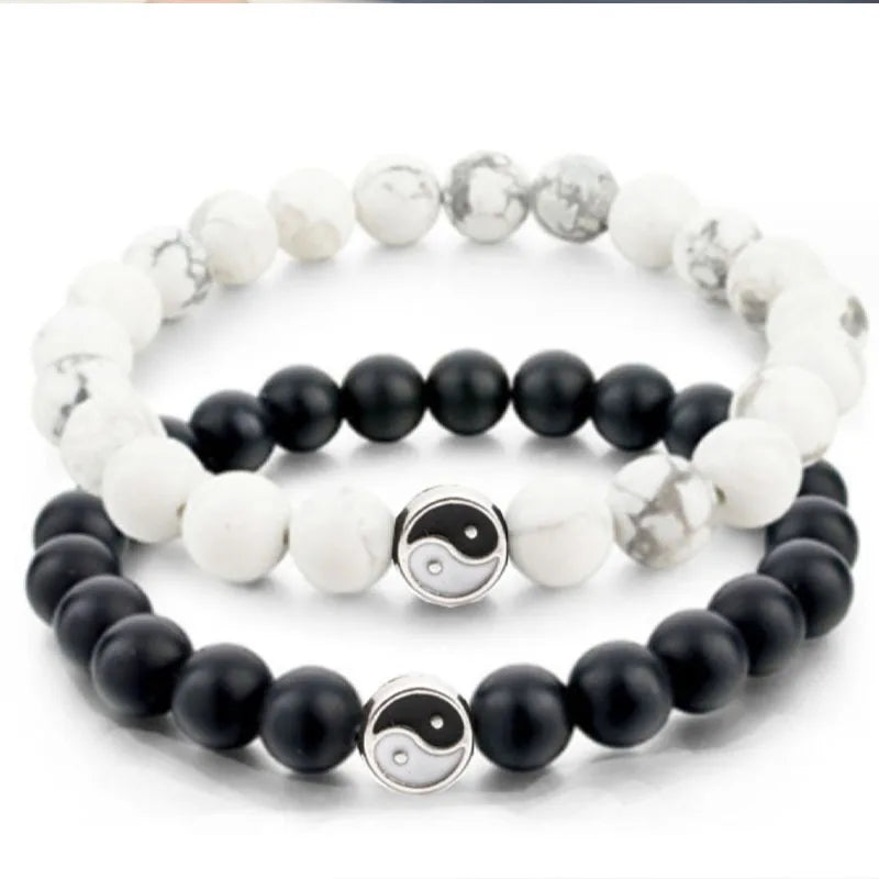 Hot Selling Classic Animal Shape White Pine Matte Magnet Love Couple Baguatu Stainless Steel Beaded Bracelet Set for Anniversary