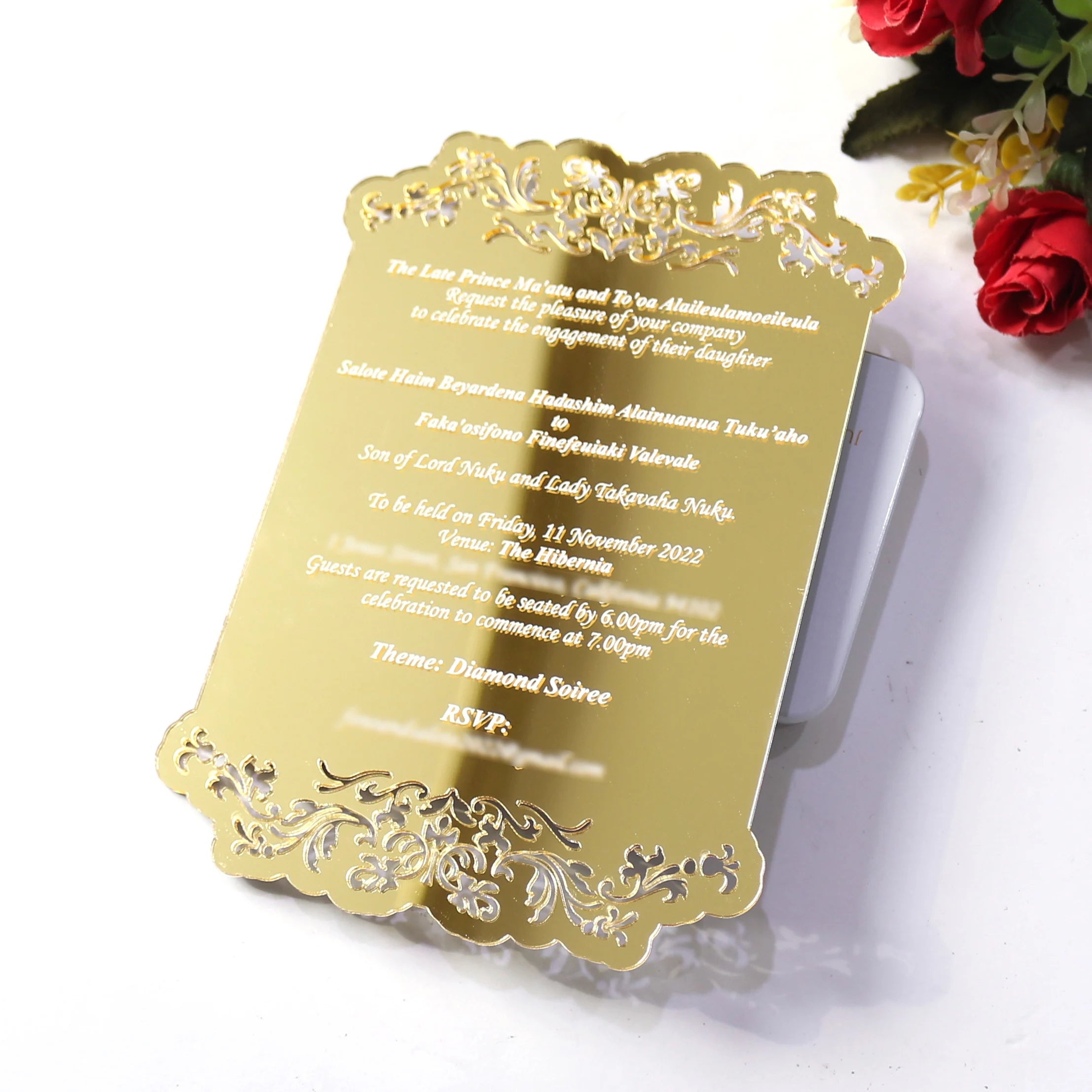 Laser Cutting Gold Mirror Acrylic Card White Foil Printing Wedding Invitations Menu Cards Birthday Cards