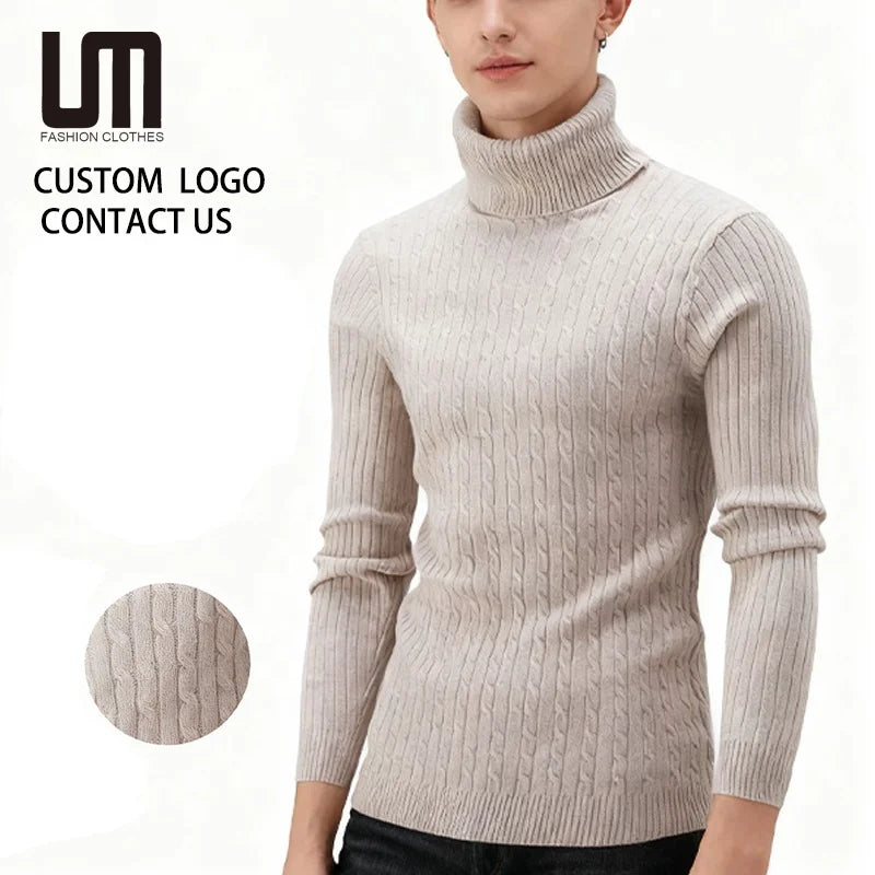 Custom Wholesale Men's Winter Fashion Warm Turtleneck Slim Pullover Sweater Solid Color New Product Knitted Sweater