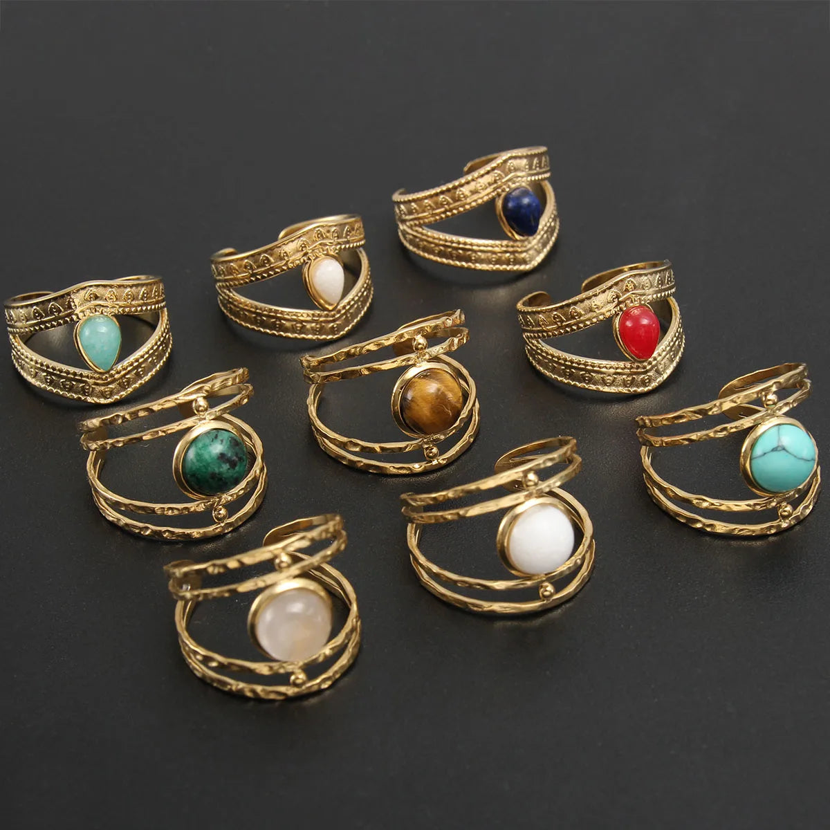 Stainless Steel Size Open Multicolored Natural Gems Stone 18K Gold Plated Ring Exquisite Fashion Jewelry for Women Party Gifts