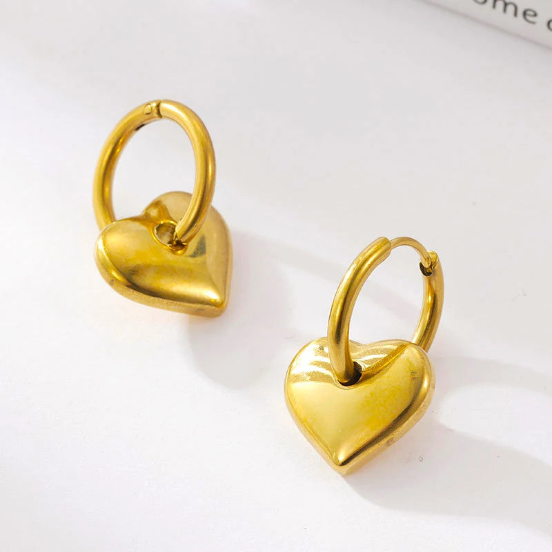 Simple 18K Gold Plated Stainless Steel Heart Drop Hoop Earrings for Women